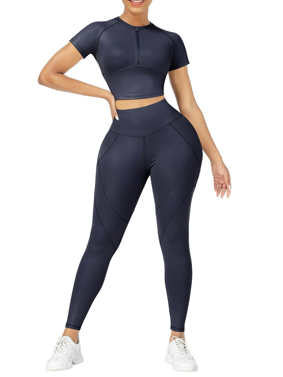 Navy Round Collar Zipper Wide Waistband Sweat Suits Running