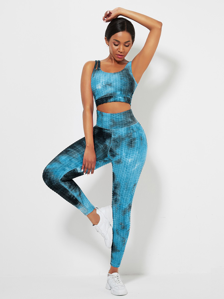 Blue High Waist Tie-Dyed Print Yogawear Suit Athletic Comfort