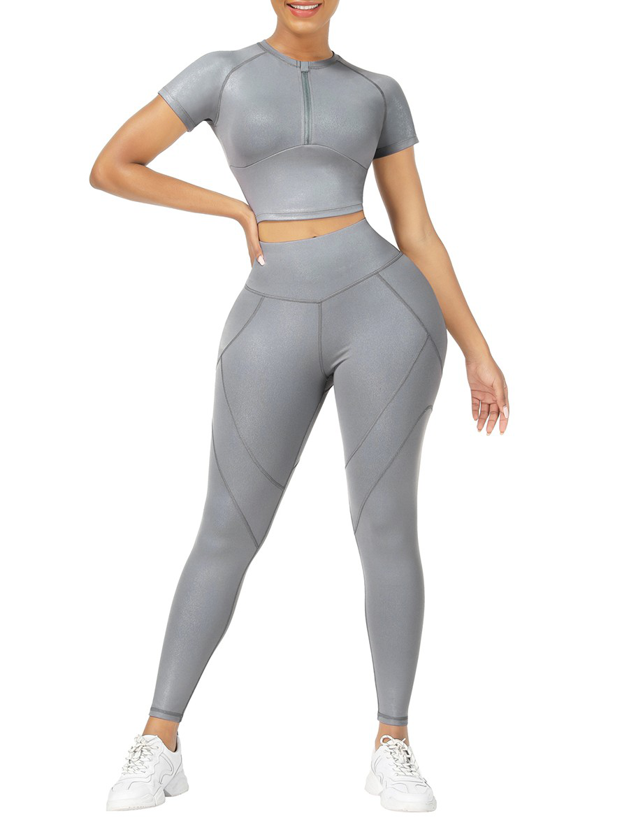 Gray Crew Neck Crop Top High Waist Leggings Good Elasticity