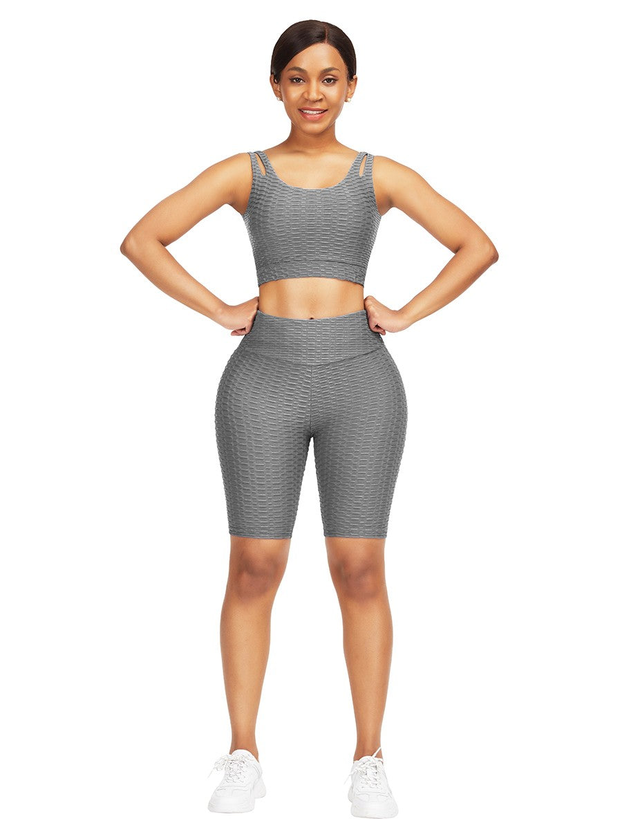 Gray Jacquard Yoga Top High Waist Shorts Versatile Item