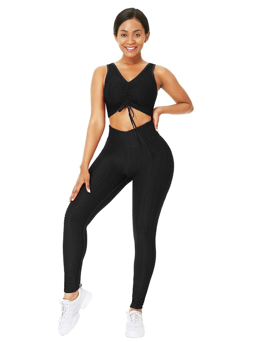 Black Sleeveless Drawstring Jacquard Yoga Suit Leisure Time
