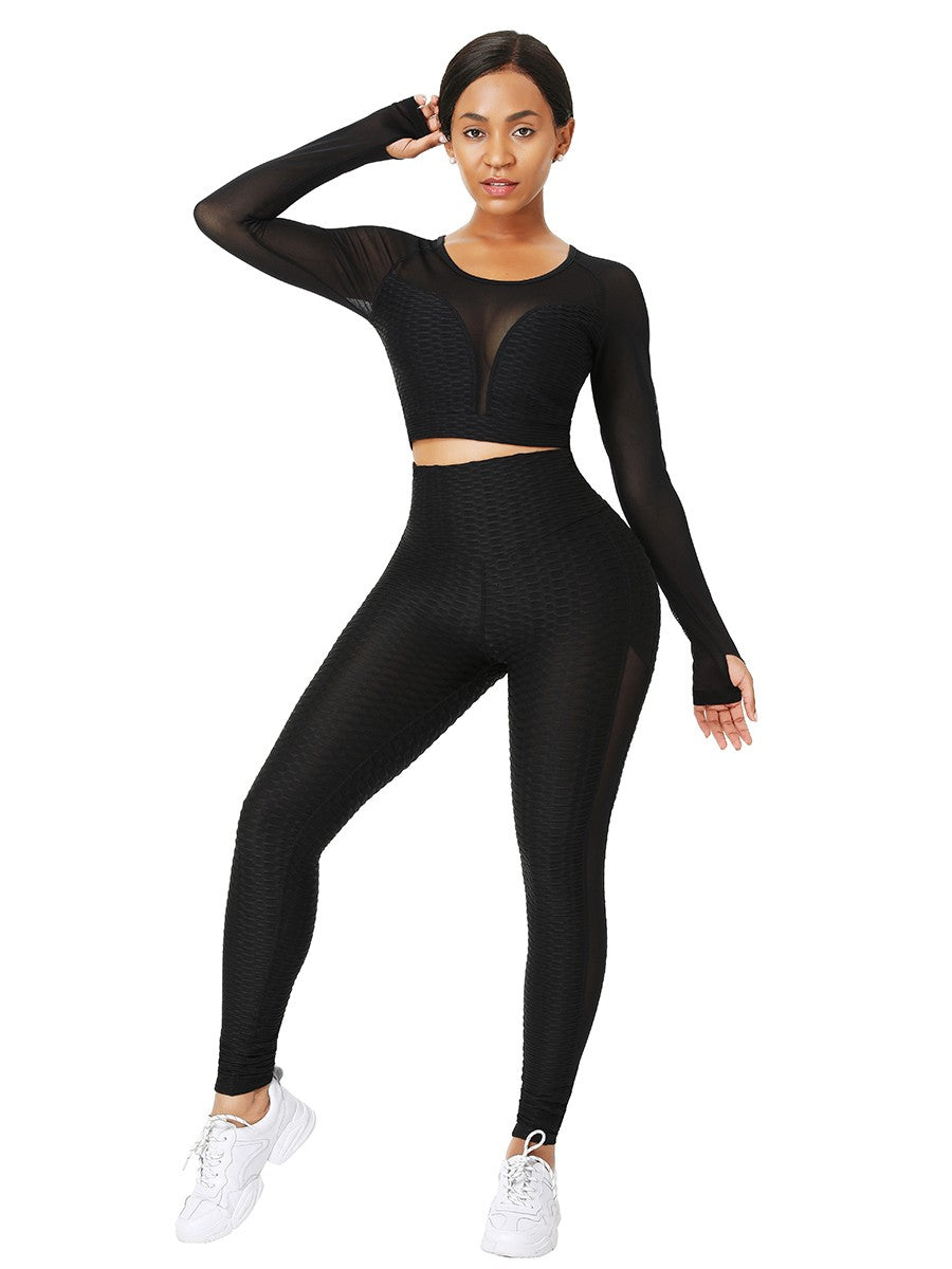 Black Mesh Splice Yogawear With Thumb Holes Weekend Time