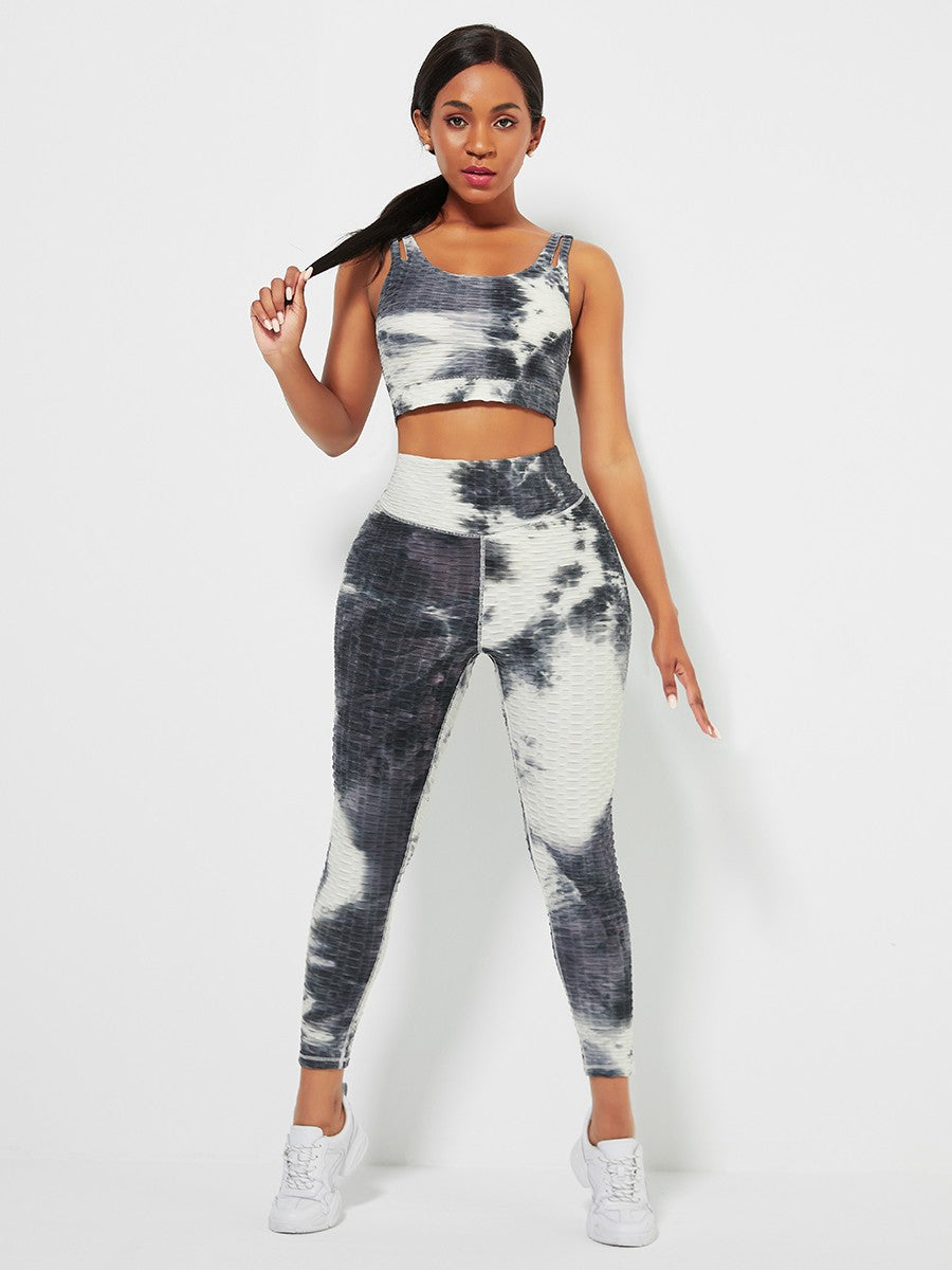 Blue High Waist Tie-Dyed Print Yogawear Suit Athletic Comfort