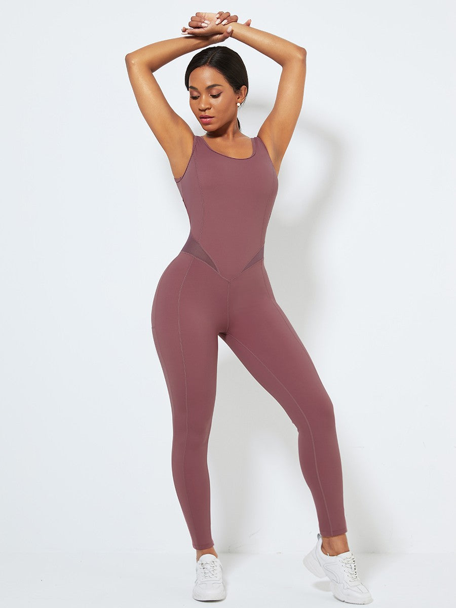 Purplish Red Hollow Out Hip Wrinkle Yoga Jumpsuit High Quality