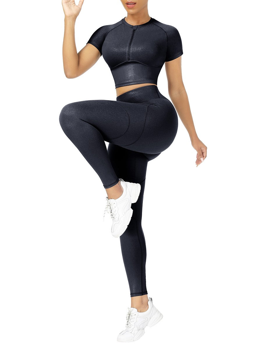 Black Short Sleeves High Waist Yoga Suits Quick Drying