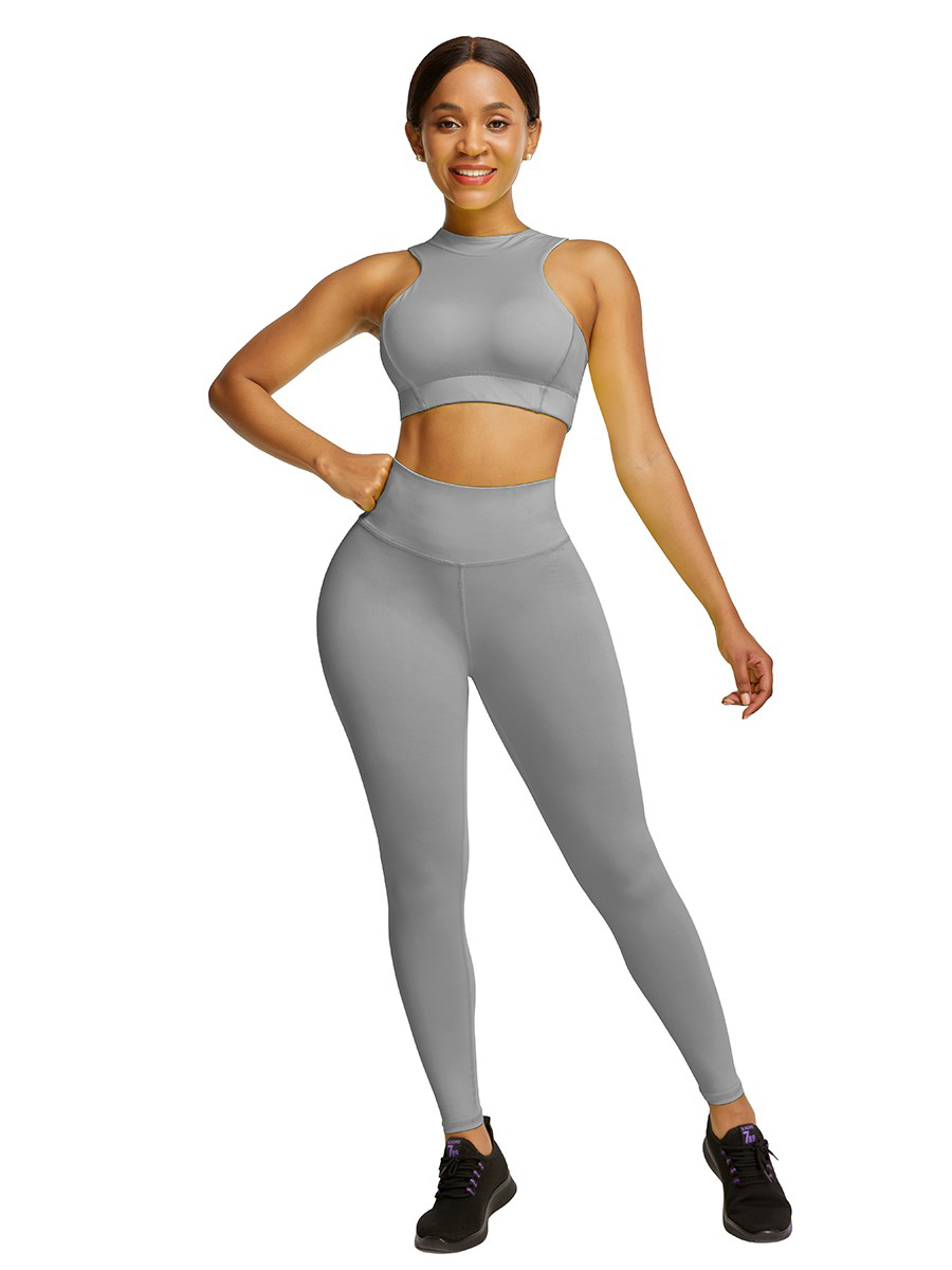 Elastic Gray High Waist Yogawear Set Crop Sleeveless For Runner