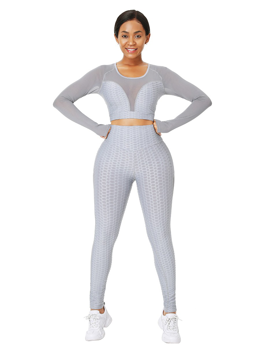 Gray Full-Length Jacquard Mesh Yoga Suit Exercise Outfit